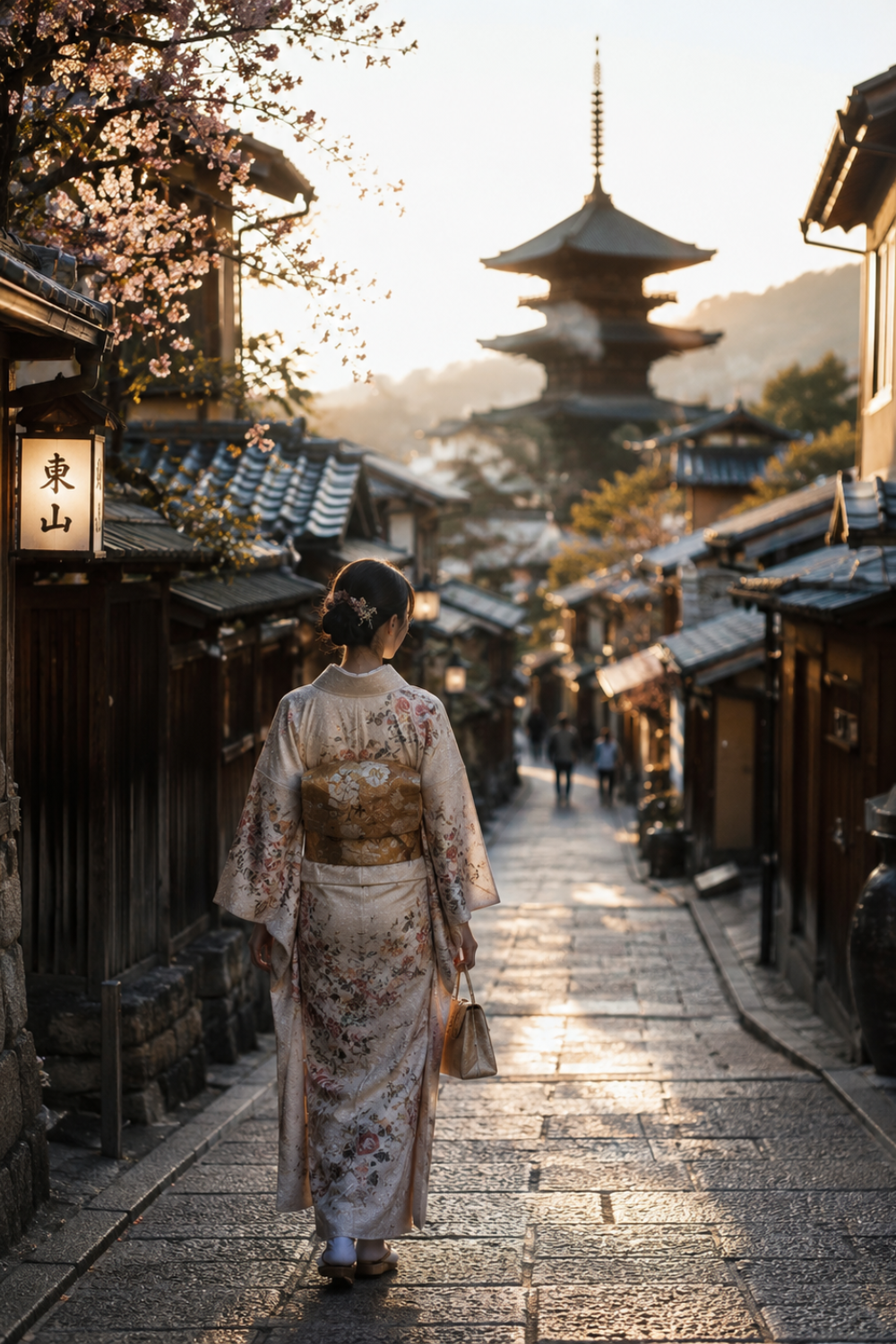 Woman in kimono walking Higashiyama street Kyoto at sunrise