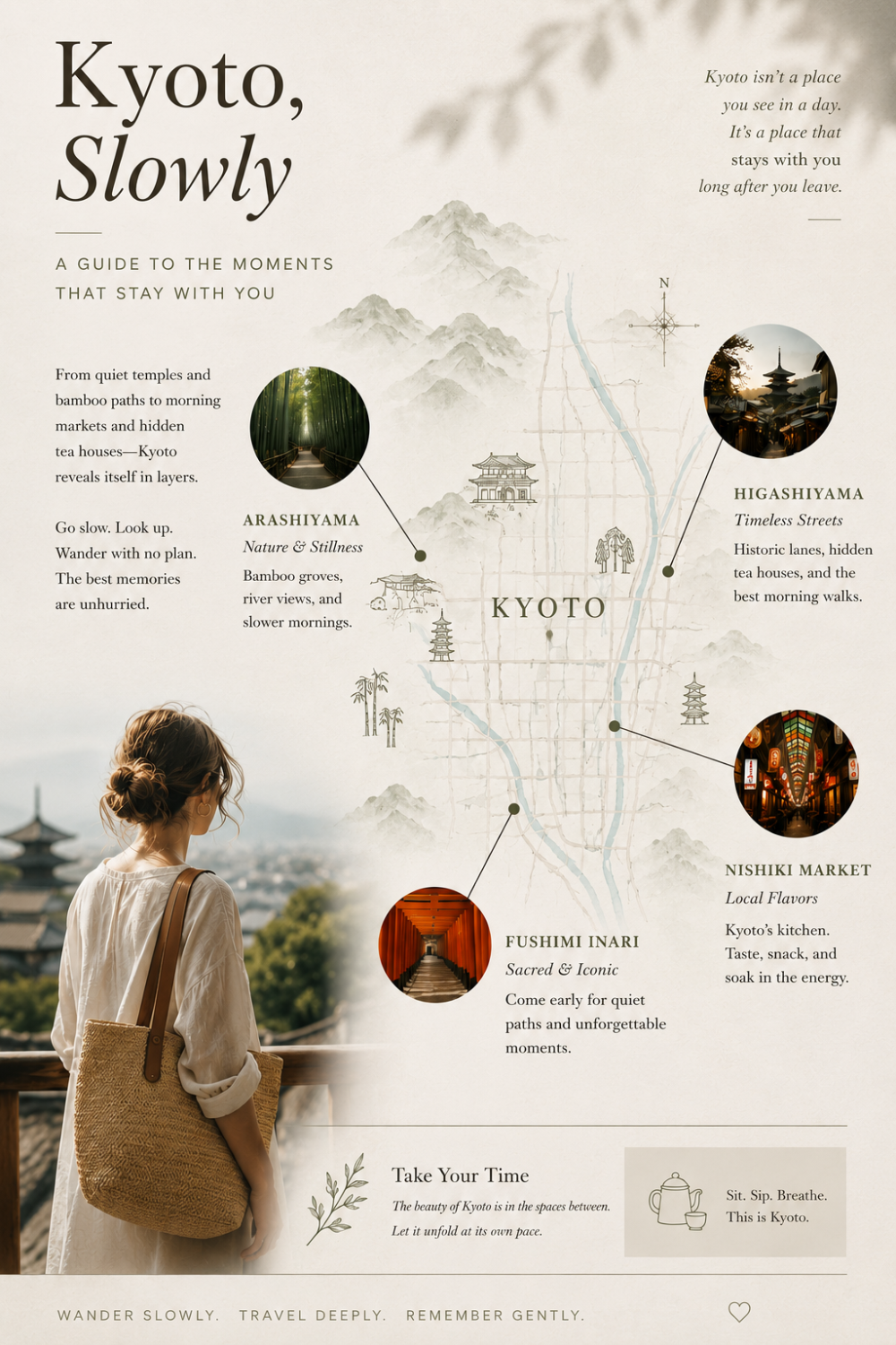 Kyoto travel map showing Arashiyama, Higashiyama, Fushimi Inari and Nishiki Market